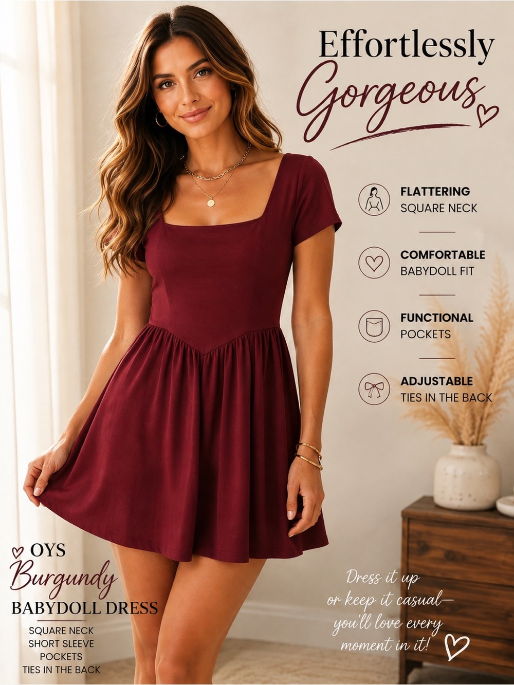 OYS Burgundy Babydoll Dress Square Neck Short Sleeve Pockets Ties in the back